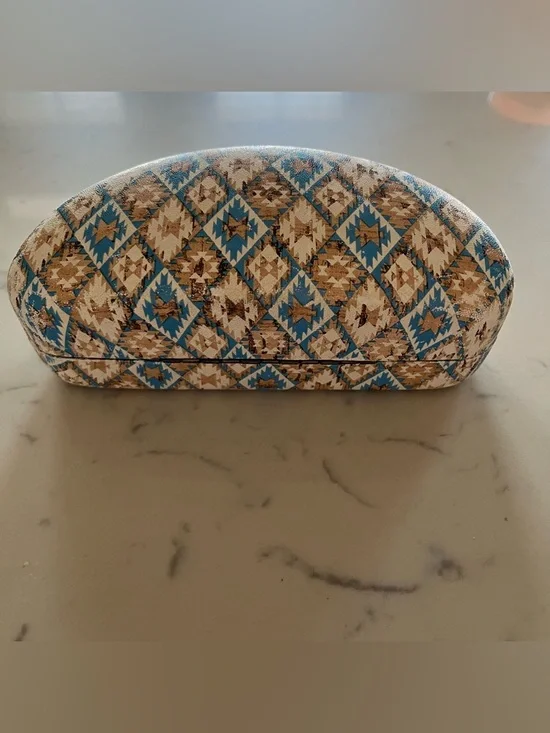 Hard Clamshell Blue and Tan Geometric Accent Sunglasses Case - Picture 3 of 7